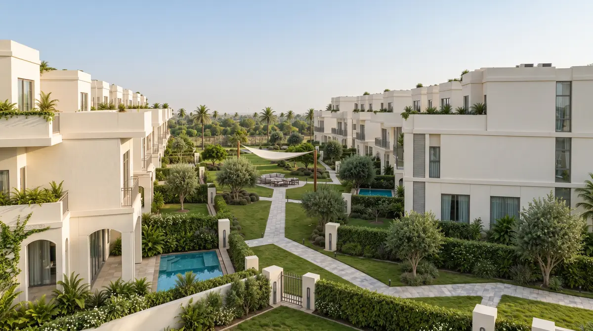 Asayla – Paved garden path between villas leading to a central green with shade sail