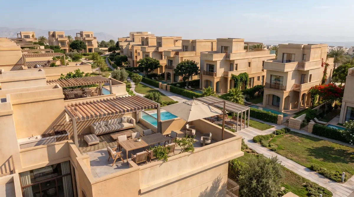 Asayla – Roof terrace with timber pergola, outdoor dining and lounge overlooking sand-coloured villas