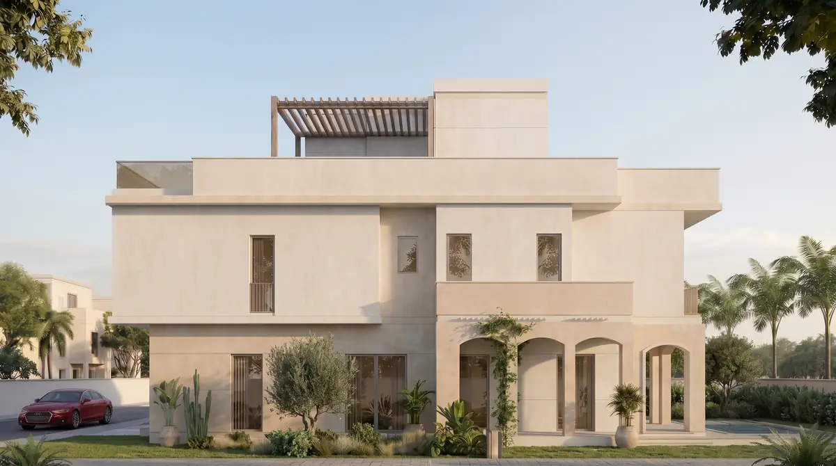 Asayla – Front elevation of a three-storey villa with arched loggia and rooftop pergola