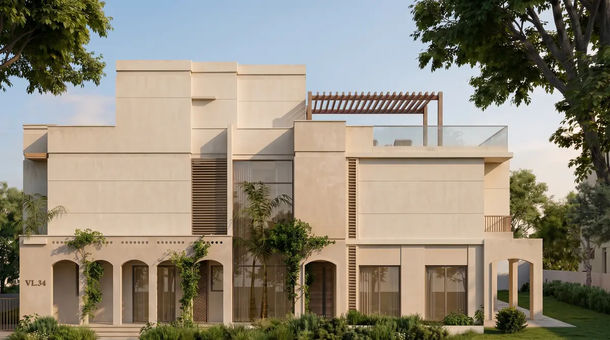Asayla – Stone façade with arched ground-floor openings, climbing vines and glass-railed roof terrace