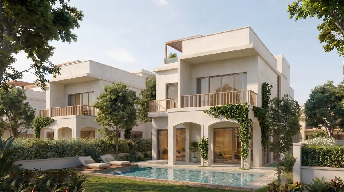 Asayla – Rear garden with private pool, sun loungers and timber-railed balcony above arches