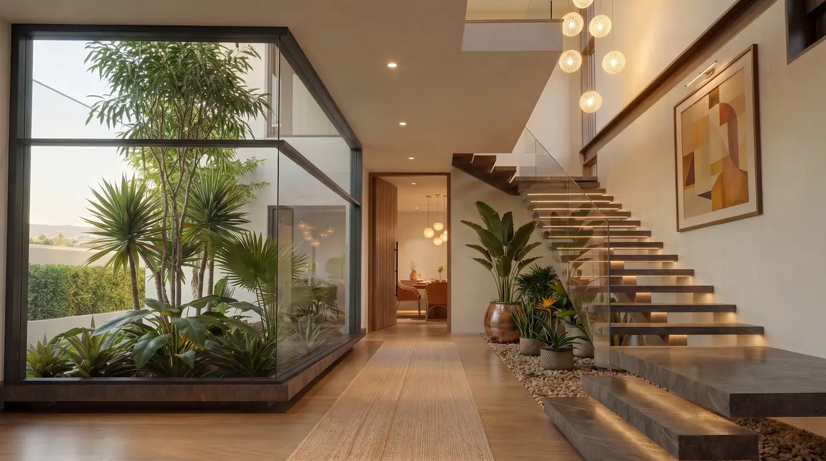 Asayla – Entrance hall with glazed internal garden, floating stair and cluster of globe pendants