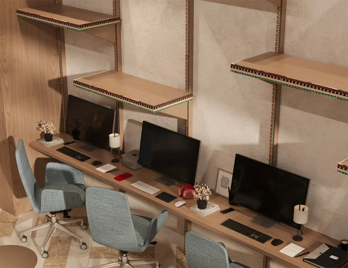 Citadel Plaza Sales Office – محطات عمل المبيعات بكراسٍ زرقاء وشاشات ورفوف جدارية خشبية
