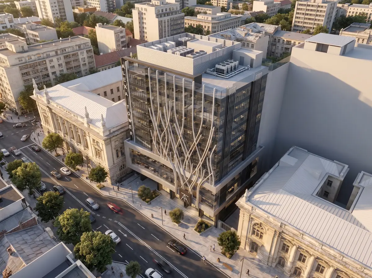 Design & Construction Mgmt for Alexa Tower (Mall & Business Park) – Aerial view of the glass tower with branching fins between neoclassical neighbours