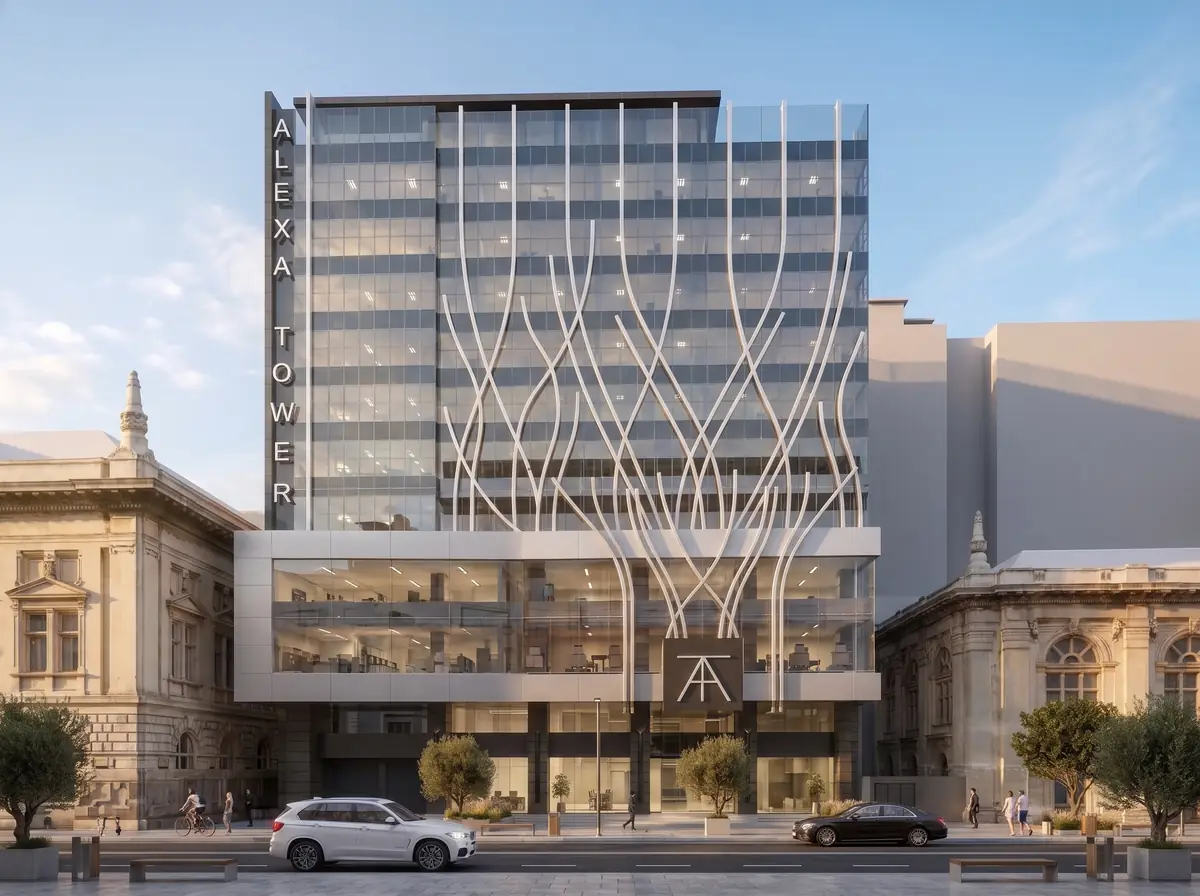 Design & Construction Mgmt for Alexa Tower (Mall & Business Park) – واجهة الشارع للبرج الزجاجي وقاعدته بين مبانٍ كلاسيكية جديدة