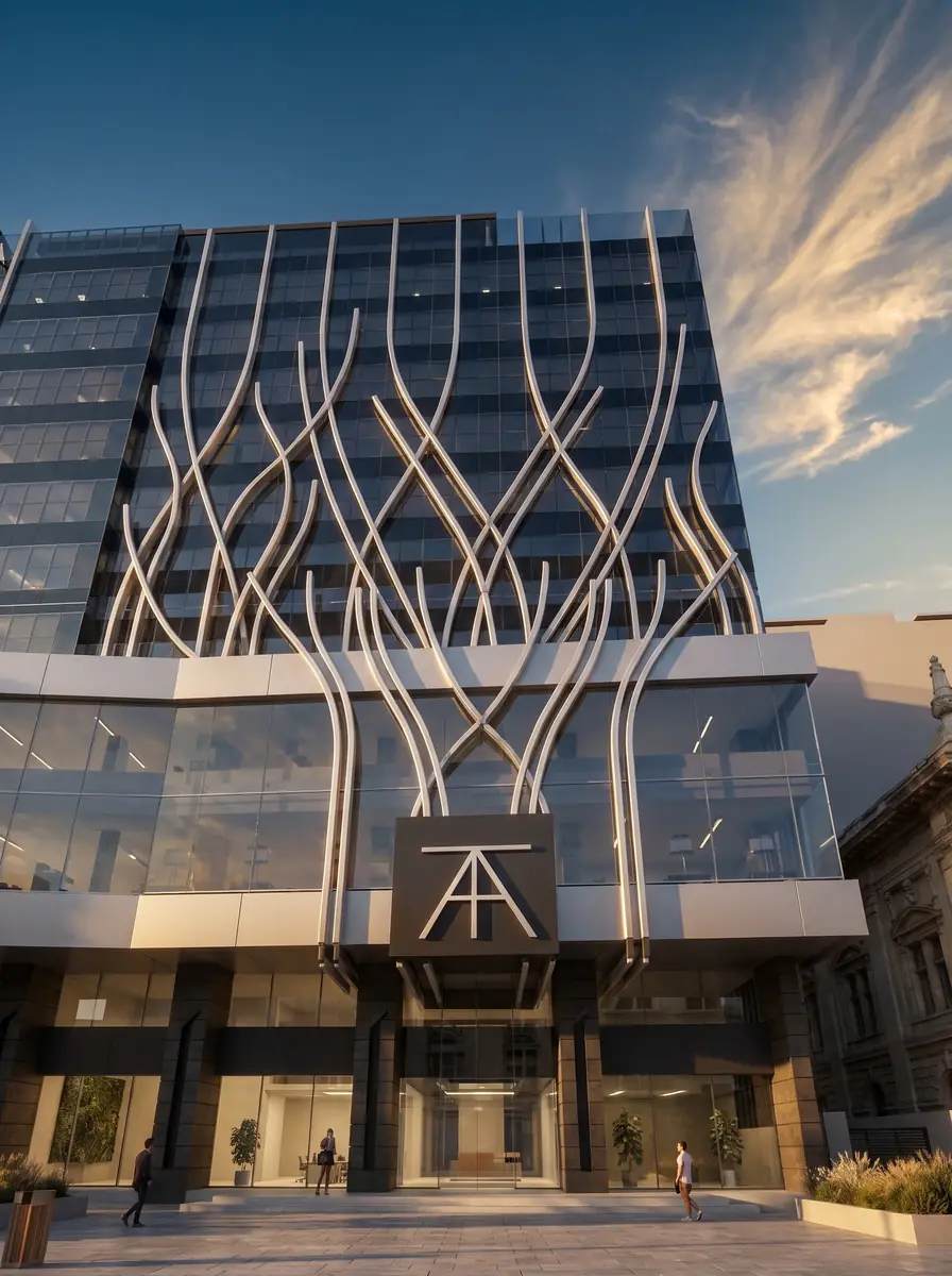 Design & Construction Mgmt for Alexa Tower (Mall & Business Park) – قاعدة المدخل بشعار AT حيث تبدأ الزعانف المعدنية المتفرعة
