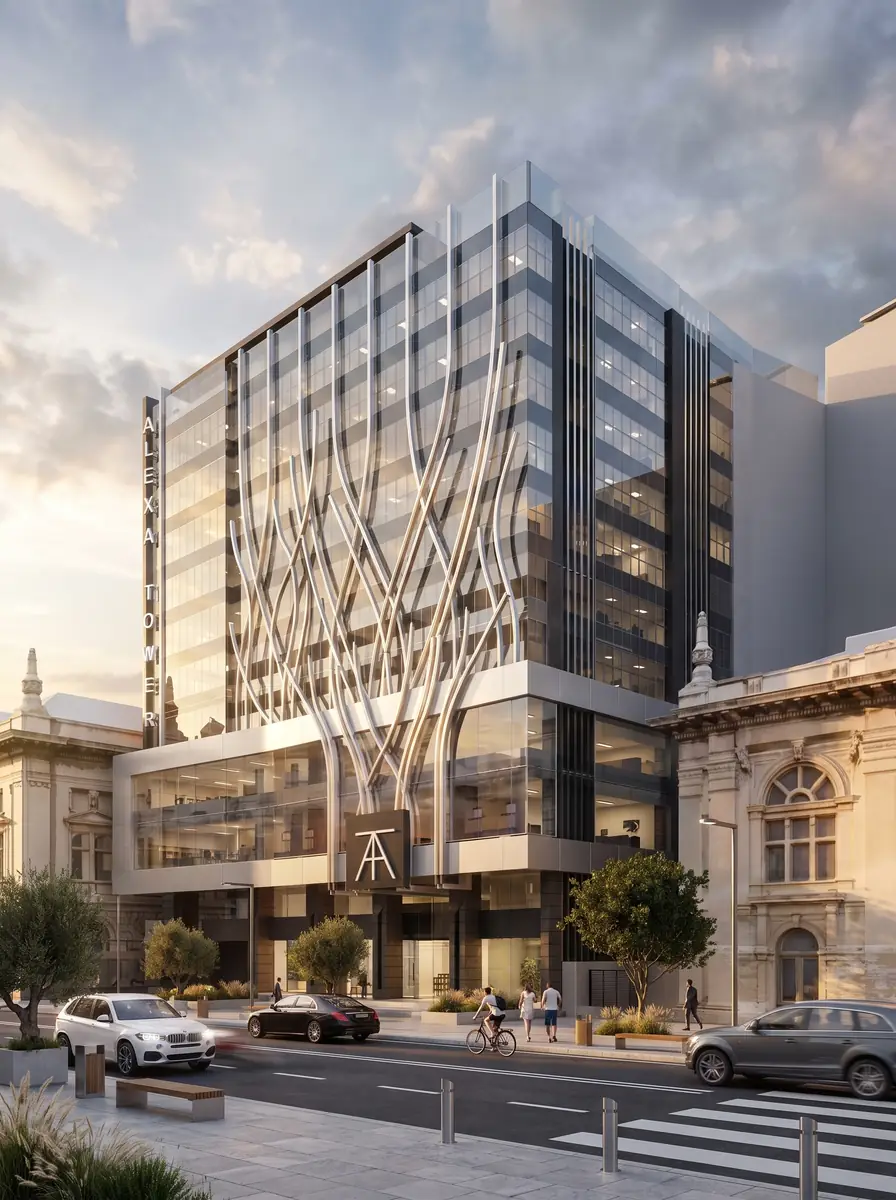 Design & Construction Mgmt for Alexa Tower (Mall & Business Park) – منظور من مستوى الشارع للواجهة الزجاجية ذات الزعانف فوق ممر للمشاة