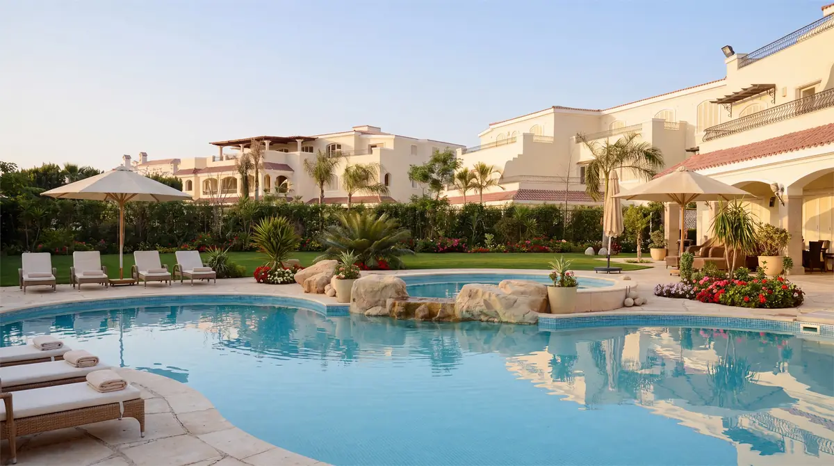 Green Heights Compound – Pool mit Felsinsel und Sonnenliegen vor Villen in Gärten