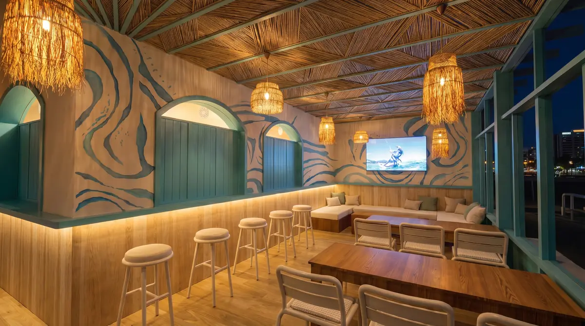 KARIBU Restaurant & Bar – Covered lounge at night with reed ceiling, rattan pendants and wave-painted walls