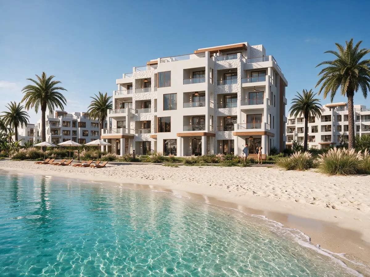 Katameya Coast - Sidi Henish – مبنى شاليهات أبيض بشرفات مؤطرة بالخشب يطل على شاطئ رملي وبحيرة فيروزية