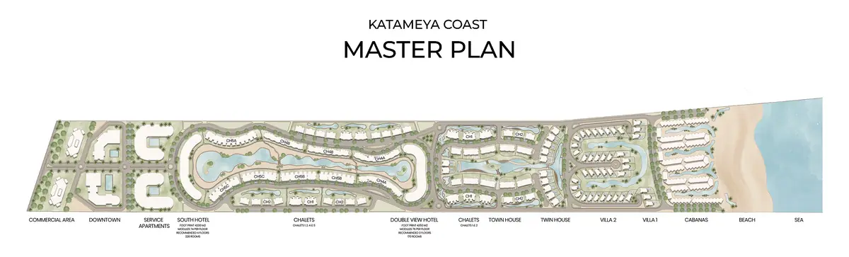 Katameya Coast - Sidi Henish – Masterplan drawing of chalet lagoons, villas and hotels stretching to the beach