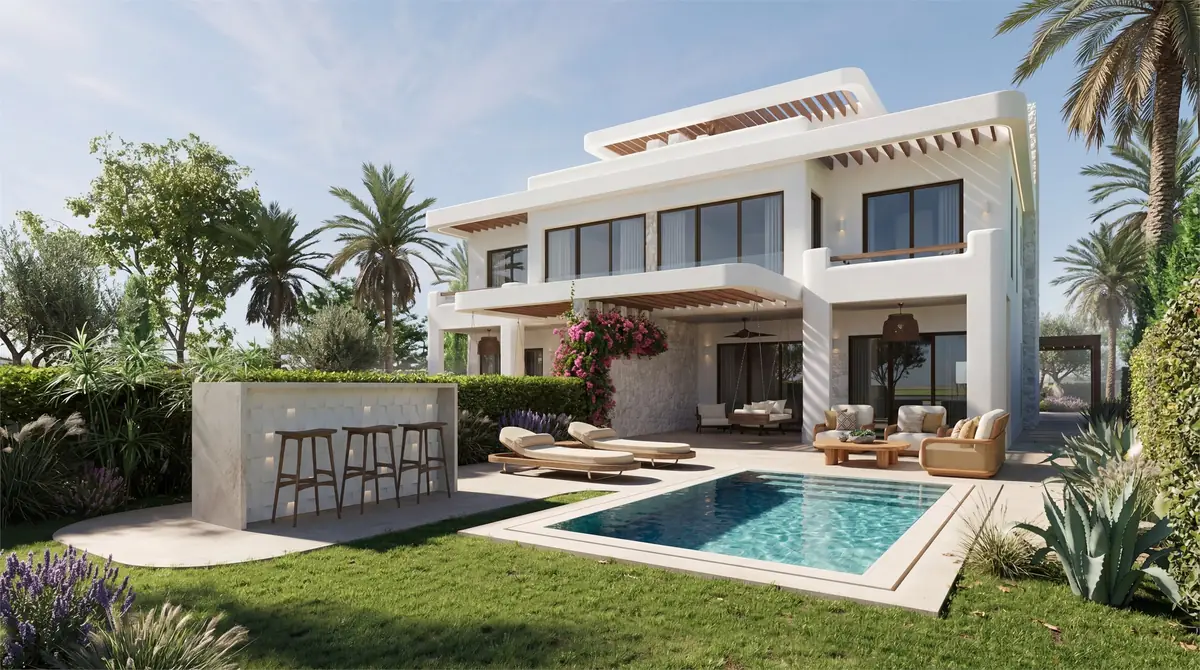 Katameya Coast - Sidi Henish – Twin villa garden with pool, outdoor bar counter and sun loungers by day