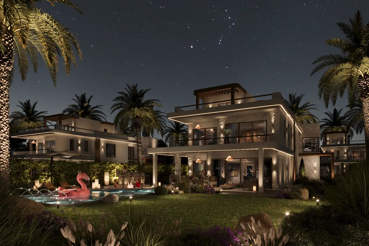 Katameya Coast - Sidi Henish – Two-storey villa at night under a starry sky with a lit garden pool