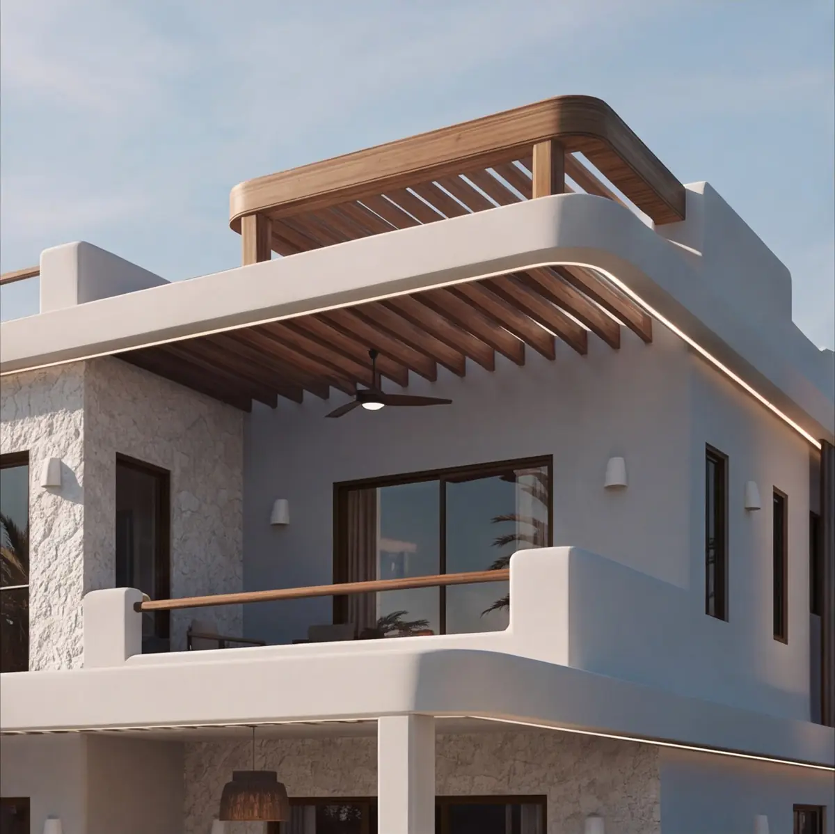 Katameya Coast - Sidi Henish – Curved timber pergola and ceiling fan over a balcony with rough stone walls