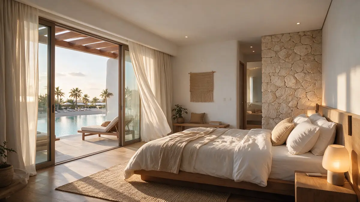 Katameya Coast - Sidi Henish Hotel – غرفة نزلاء بجدار حجري مميز ومفارش كتان وشرفة تطل على البحيرة
