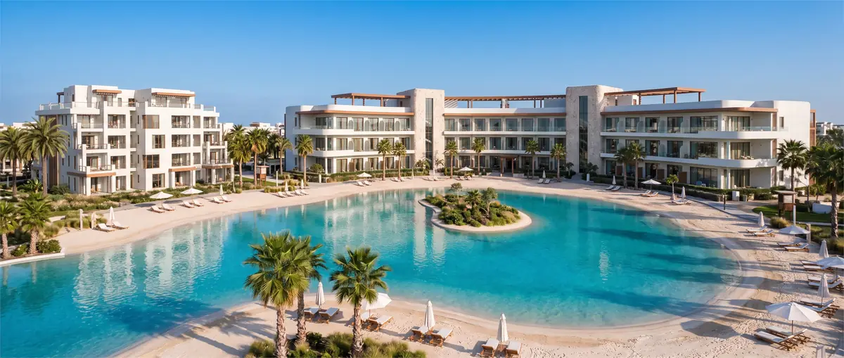 Katameya Coast - Sidi Henish Hotel – منظر بانورامي واسع للبحيرة مع جزيرة مزروعة وشواطئ رملية ومظلات