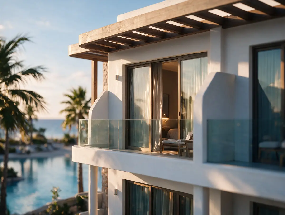 Katameya Coast - Sidi Henish Hotel – شرفات بدرابزين زجاجي تحت برجولا خشبية تطل على البحيرة والبحر عند الغروب
