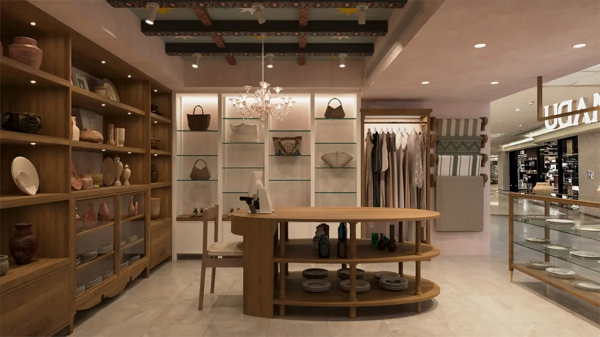 MADU Marriott Zamalek Branch – طاولة عرض خشبية بيضاوية بين رفوف الخزف ورفوف زجاجية للسلال