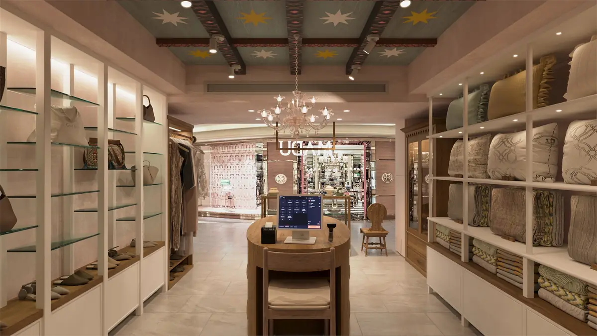 MADU Marriott Zamalek Branch – منظر باتجاه المدخل مرورًا بمكتب الدفع تحت سقف بعوارض مزين بنجوم مرسومة