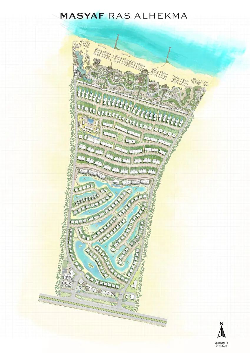 Masyaf Ras Al-Hekma – Masterplan-Zeichnung vom Strand landeinwärts mit Villenreihen zwischen Lagunen