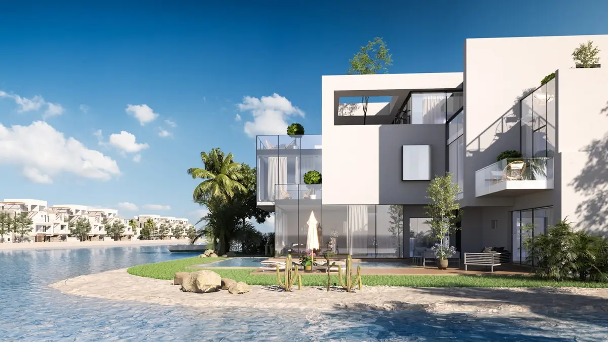 Masyaf Ras Al-Hekma – Kubische Villa mit Glasbalkonen und Privatpool am Lagunenufer