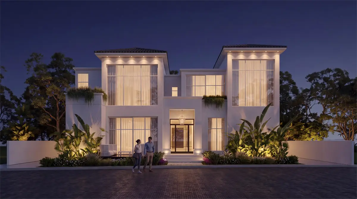 Mr. M.G.'s Palm Hills Villa – الواجهة الأمامية عند الغسق بجناحين مضاءين وشرفات مزروعة وساحة أمامية مرصوفة