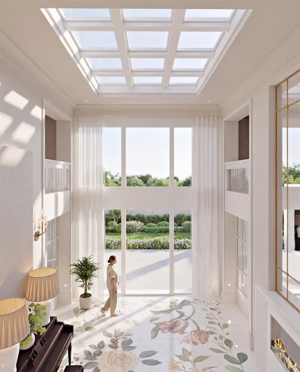 Mr. M.G.'s Palm Hills Villa – Double-height hall in daylight under a coffered glass skylight, with floral floor