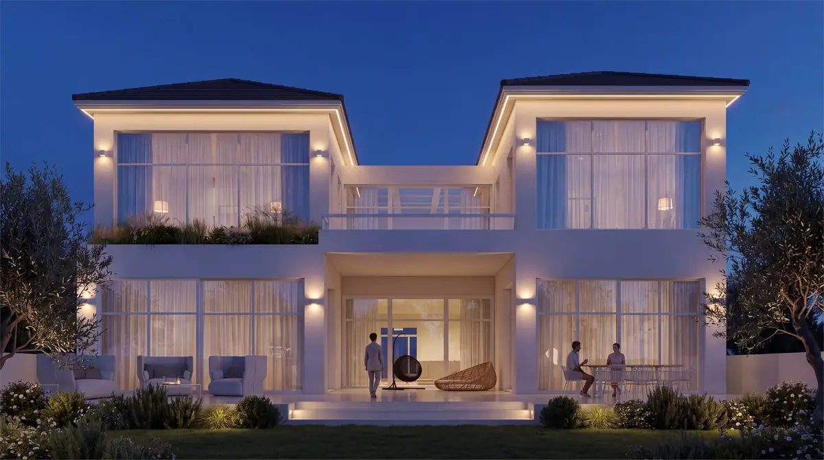 Mr. M.G.'s Palm Hills Villa – Garden front at night with wall lights, glowing interiors and lit terrace