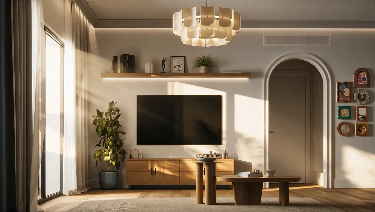 Mrs. A.'s Apartment – SODIC – جدار التلفاز مع رف عائم من خشب البلوط ومدخل مقوس في ضوء شمس ذهبي مائل