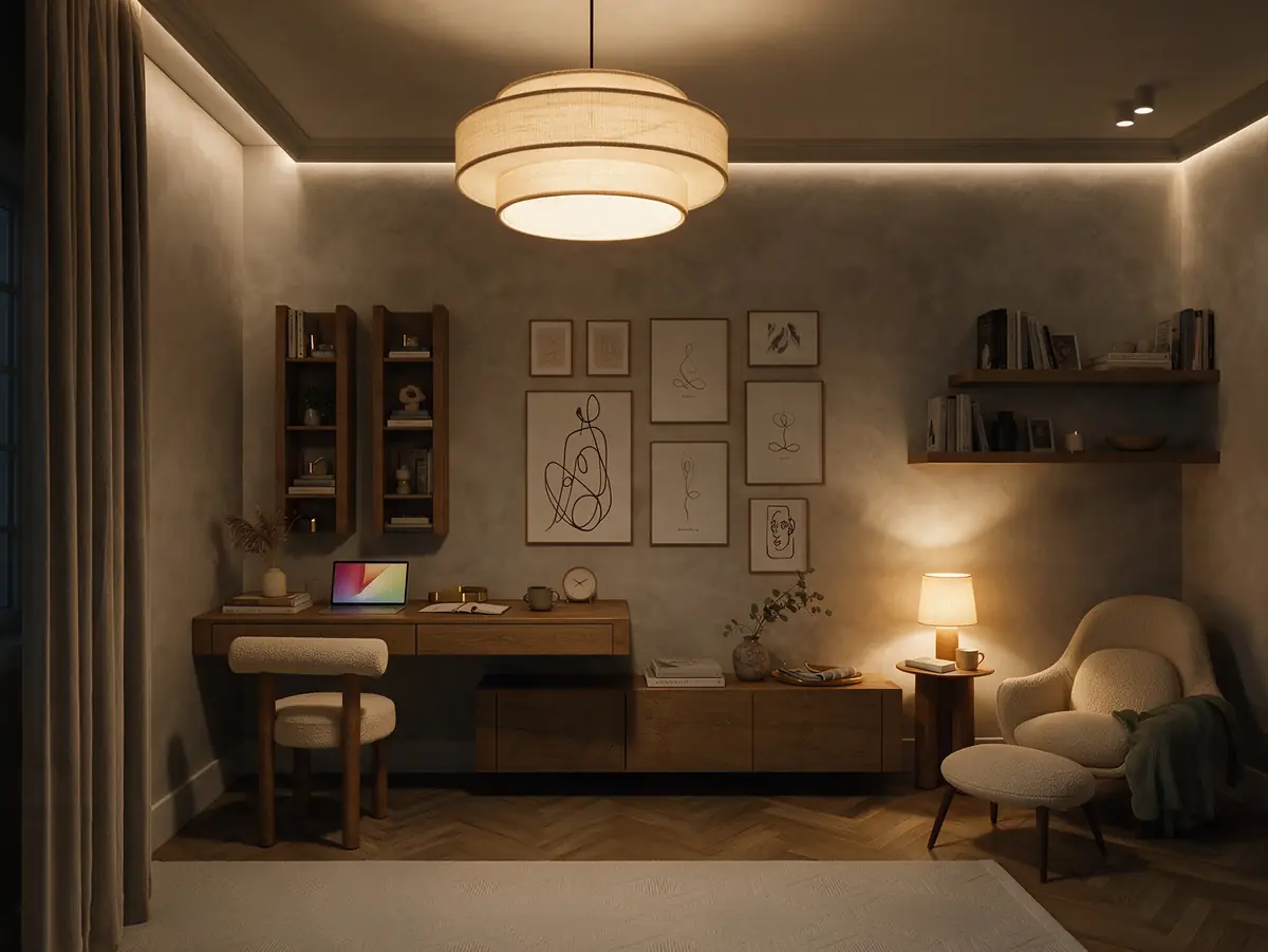 Mrs. A.'s Apartment – SODIC – Arbeitsecke im abendlichen Lampenlicht mit Eichenschreibtisch, Strichzeichnungen und Sessel
