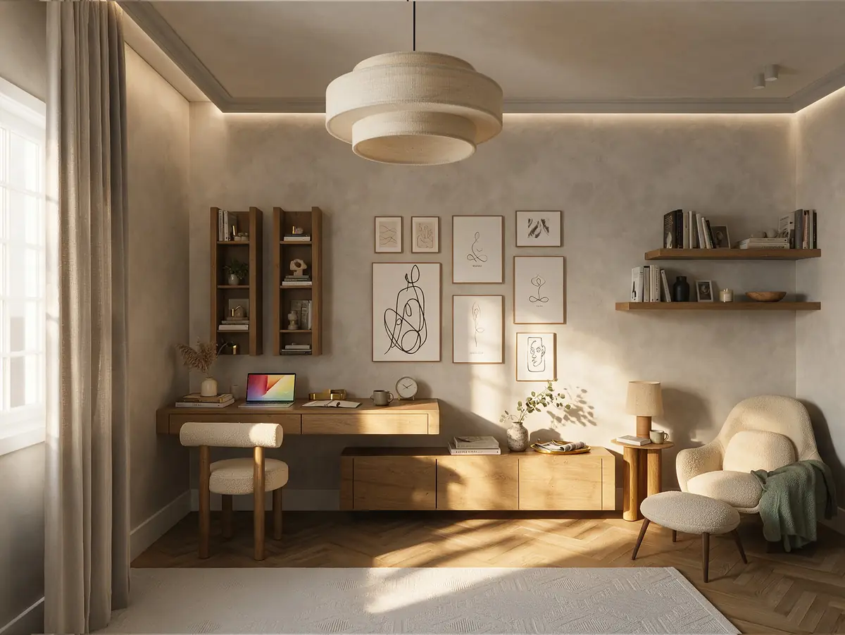 Mrs. A.'s Apartment – SODIC – Sonnige Arbeitsecke mit Eichenschreibtisch, Wandregalen und Bouclé-Lesesessel