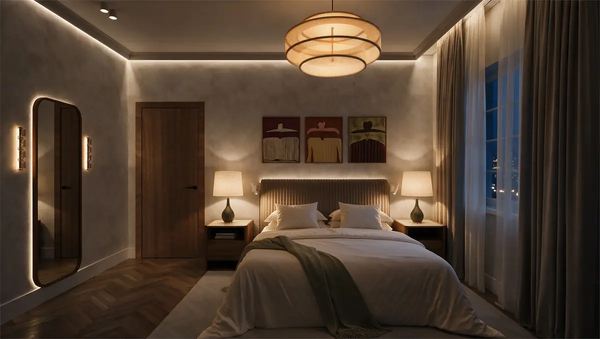 Mrs. A.'s Apartment – SODIC – Schlafzimmer bei Nacht mit leuchtenden Nachttischlampen und hinterleuchtetem Bogenspiegel