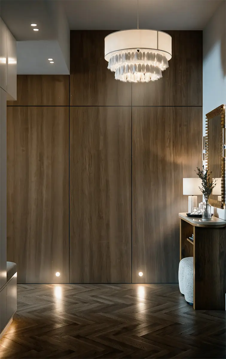 Mrs. A.'s Apartment – SODIC – Hohe holzvertäfelte Eingangswand unter einer Fransen-Pendelleuchte im gedämpften Abendlicht