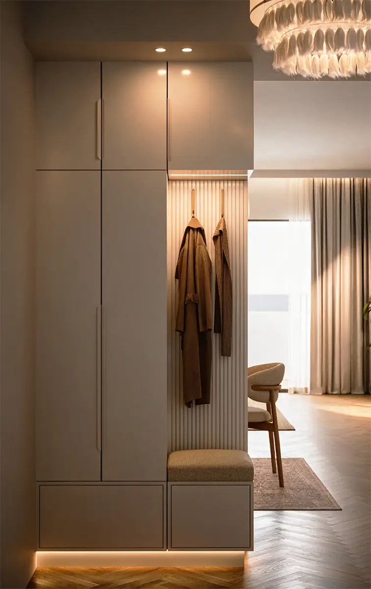 Mrs. A.'s Apartment – SODIC – Eingangsschrank und Garderobennische mit Sitzbank im warmen Abendlicht