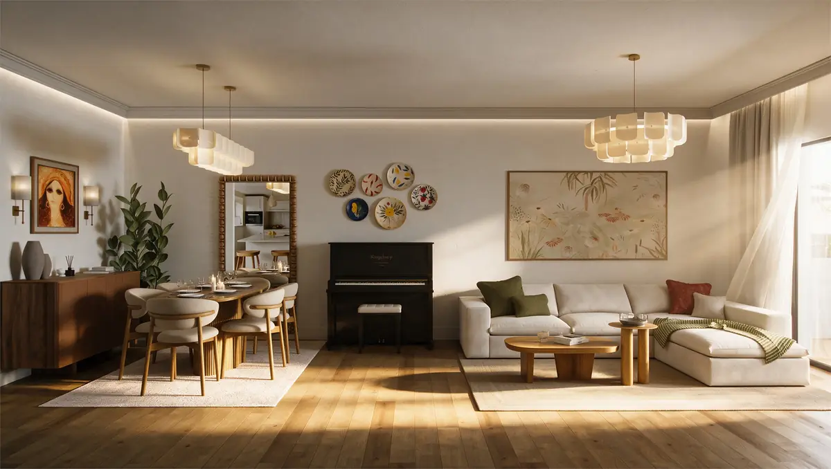 Mrs. A.'s Apartment – SODIC – Offener Wohn- und Essbereich mit Klavier und Keramiktellern in goldener Nachmittagssonne