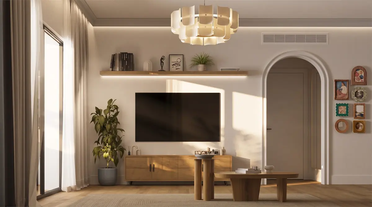 Mrs. A.'s Apartment – SODIC – TV-Wand mit Eichensideboard, Bogentür und Bilderwand im sanften Tageslicht