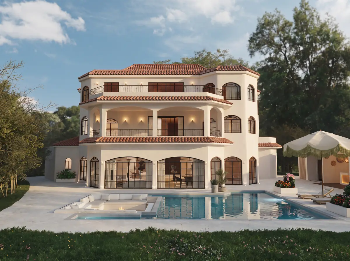 Mrs. S.T.'s Villa – V.24 – منظر نهاري للواجهة ذات الطوابق الثلاثة بأسقف من القرميد فوق المسبح