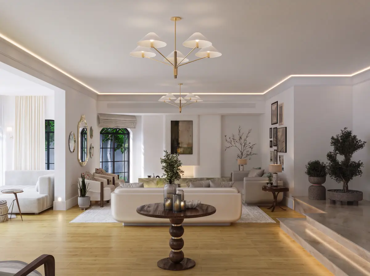 Mrs. S.T.'s Villa – V.24 – غرفة معيشة بثريات نحاسية وإضاءة مخفية في السقف ودرجات رخامية إلى مستوى مرتفع