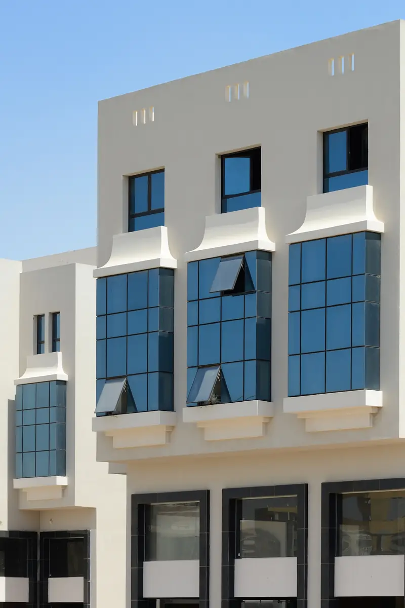 Prima Vista – Medical Office & Commercial Mall – واجهة كريمية بثلاث نوافذ بارزة من الزجاج الملون فوق واجهات محلات بإطارات داكنة