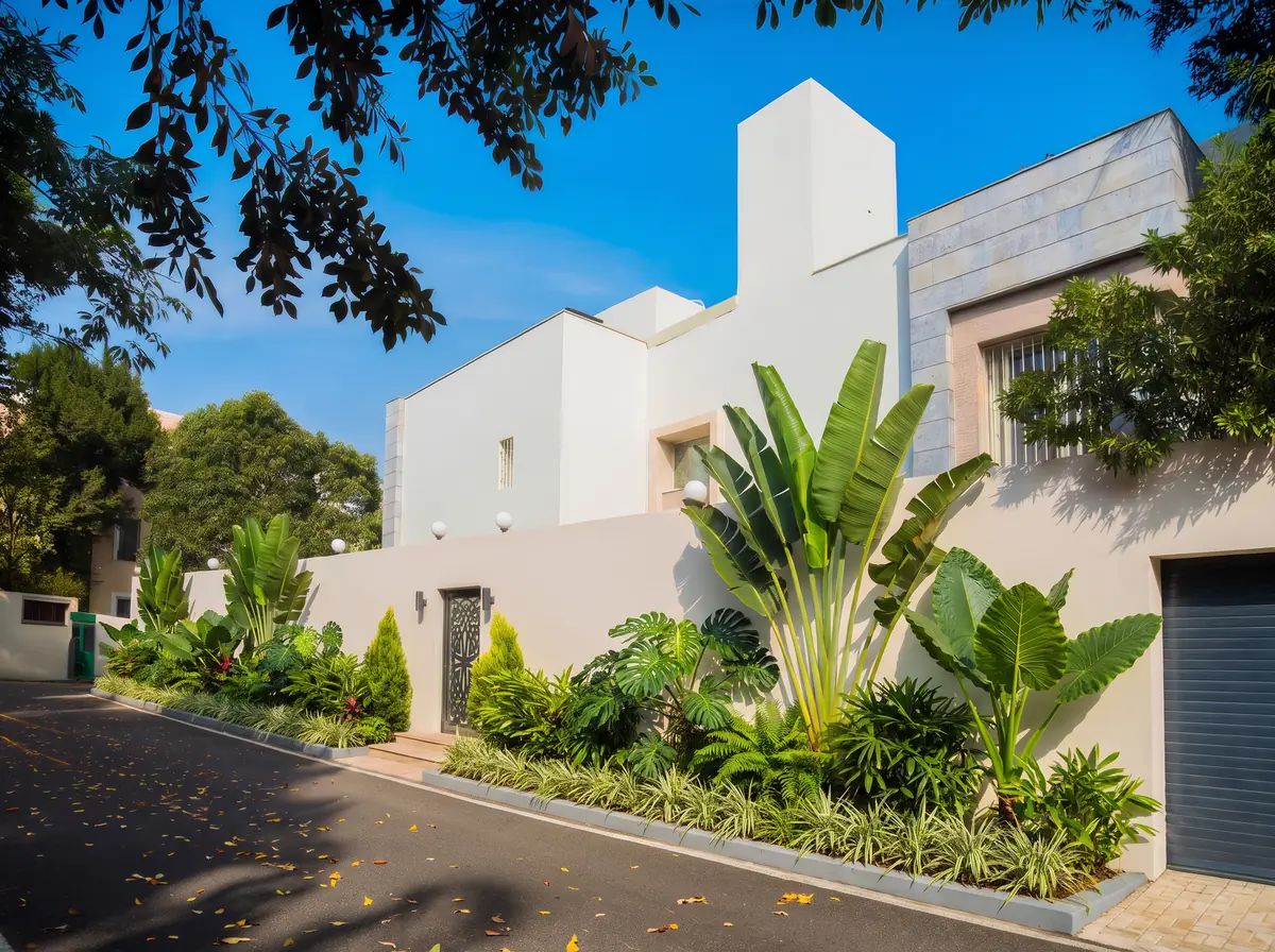 Prof. Dr. H.F.'s Villa – منظر من الشارع لجدران بيضاء بكسوة حجرية رمادية ونباتات استوائية كثيفة
