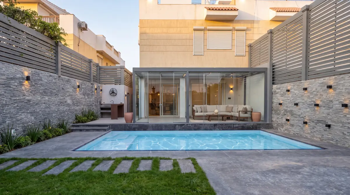 Prof. Dr. M.H. & Prof. Dr. Y.K.'s Villa – حمام سباحة في الحديقة أمام غرفة حديقة زجاجية بين جدران مكسوة بالحجر